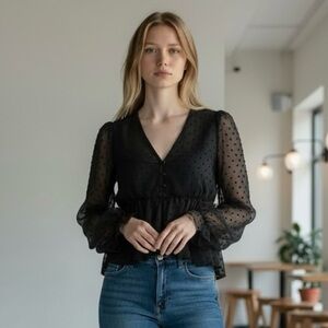 Princess Polly Polka Dot Chiffon Balloon Sleeve Cropped Peasant Blouse